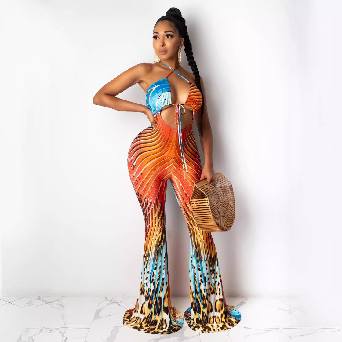 Dame Elegant Jumpsuit med farverigt grafikdesign og raffineret slids Stilla