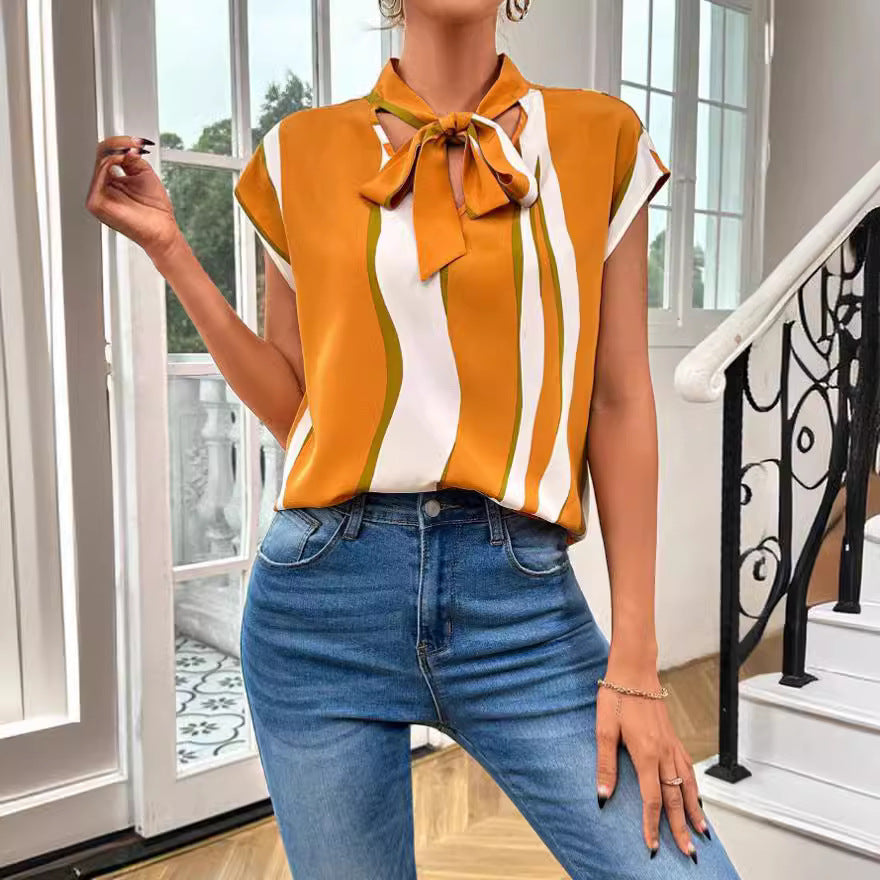 Dame elegant blusenshirt med mode sløjfekrave og grafisk mønster Stilla