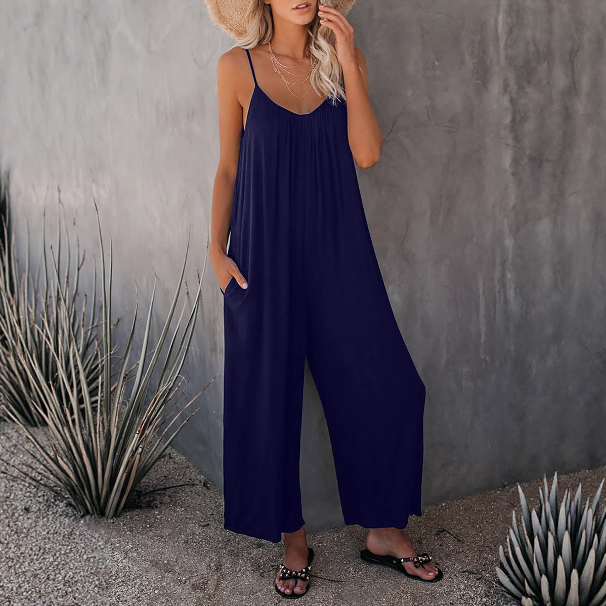 Dame Casual Bomulds-Jumpsuit med Spaghetti-stropper og sidelommer Stilla