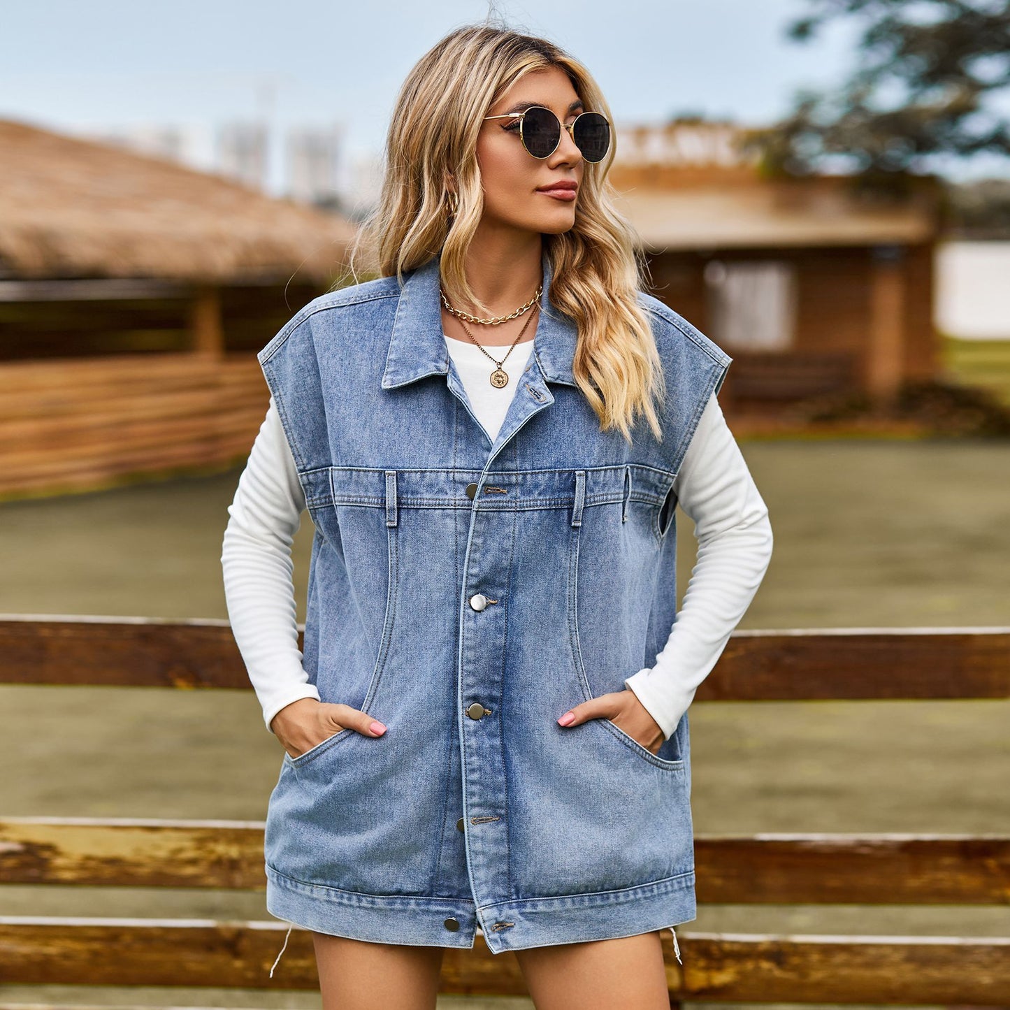 Dame Denim-vest i moderne oversized stil med praktiske lommer Stilla