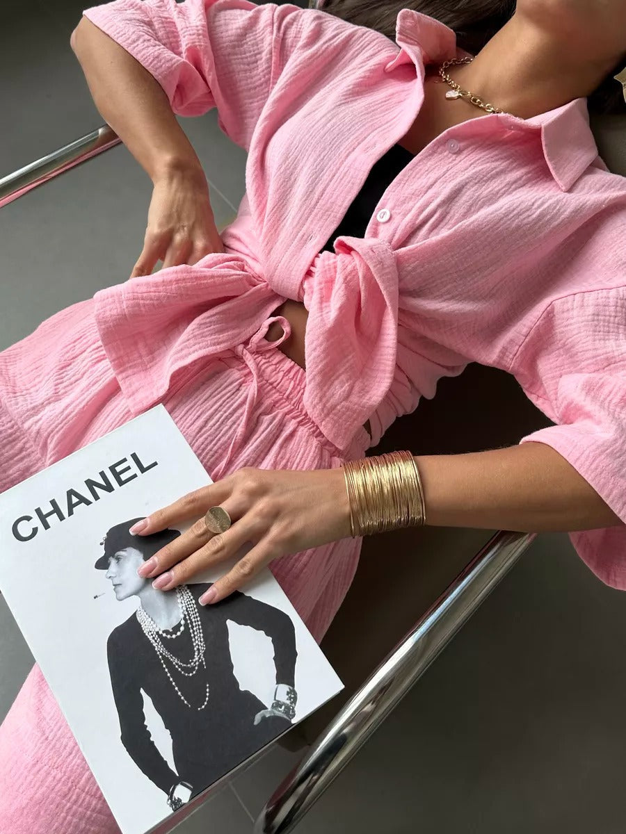 Dame afslappet kortærmet skjorte og shorts sæt med elastisk talje Stilla