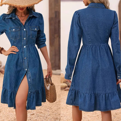 Dame jeanskjole med flæse detaljer og indsnævring Stilla