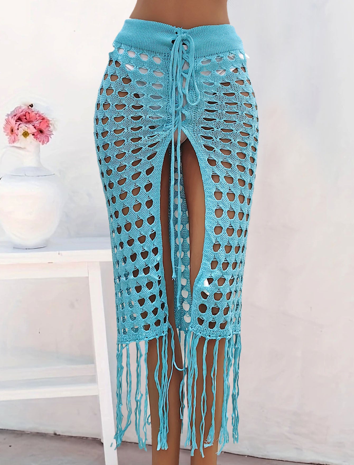 Dame elegant hækle nederdel med lange slids og trendy frynser Stilla