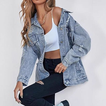 Dame afslappet denimjakke i oversized snit med vintage-accenter Stilla
