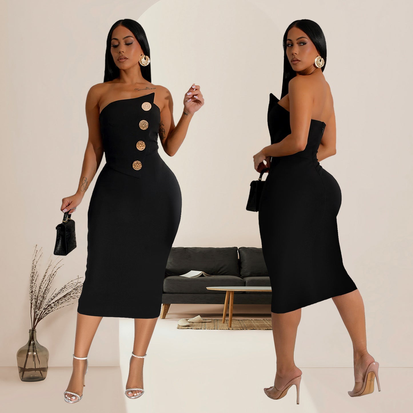 Dame Elegant figursyet midi-kjole med asymmetrisk udskæring og dekorative knapper Stilla