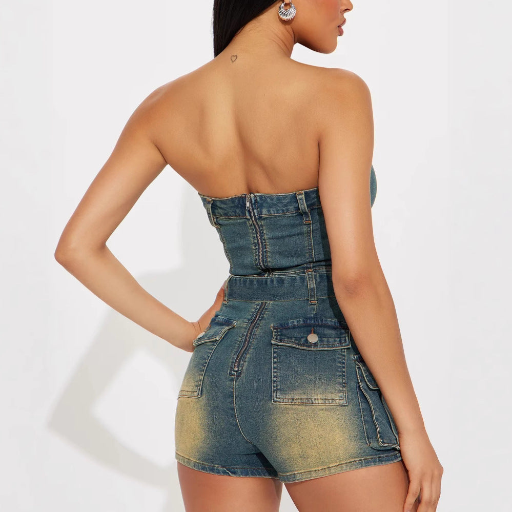 Dame Denim-Overall med båndløs pasform og praktiske lommer Stilla