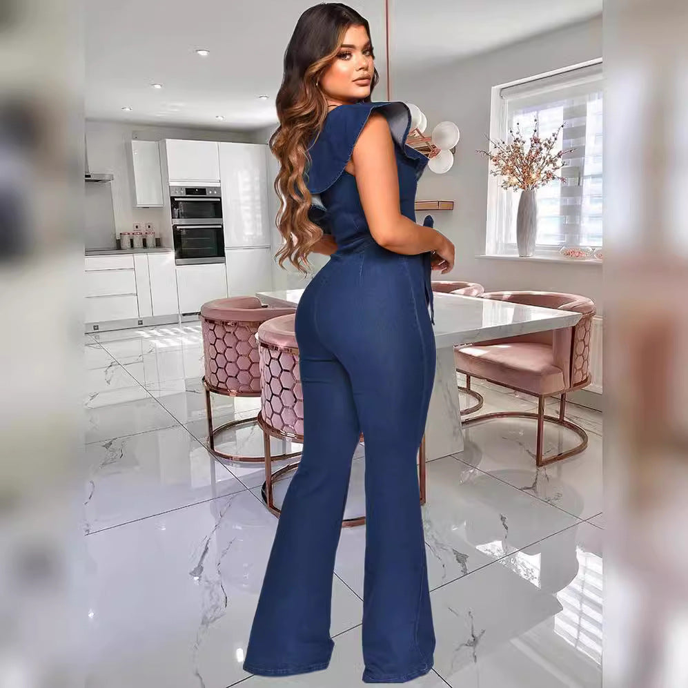 Dame elegant jumpsuit med smart flæsebesætning og bindebælte Stilla