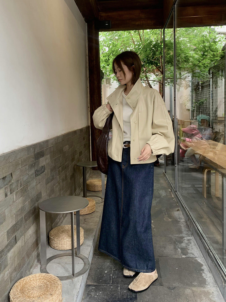 Dame afslappet kunstlæderjakke med høj krave og praktiske lommer Stilla