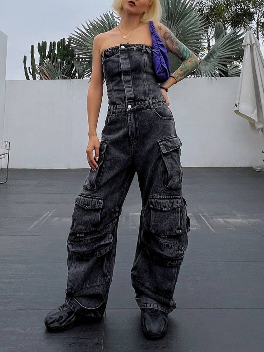 Dame afslappet denim jumpsuit med praktiske cargo-lommer og elegant snit Stilla