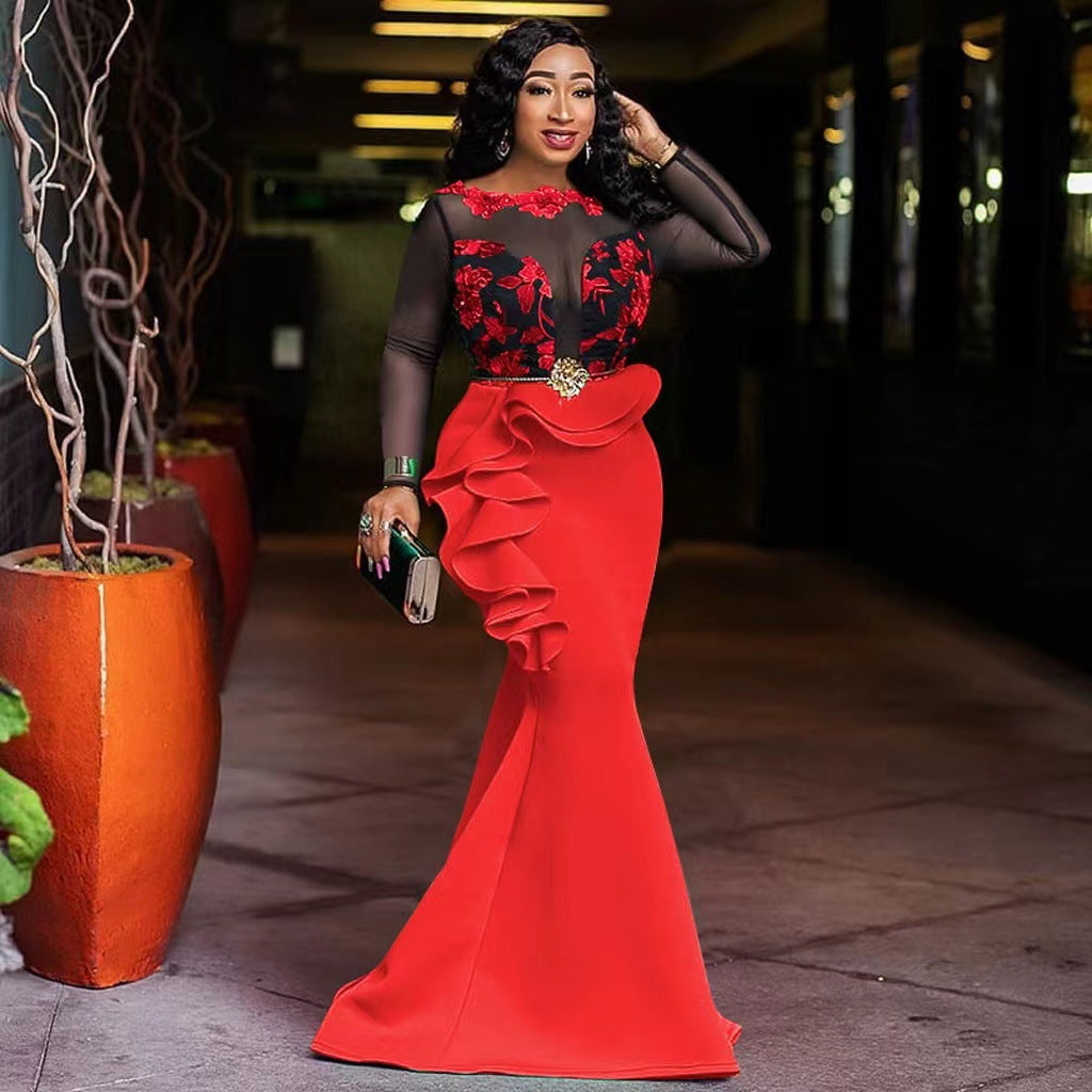 Dame Elegant aftenkjole med gennemsigtige ærmer og ruffle-detalje Stilla