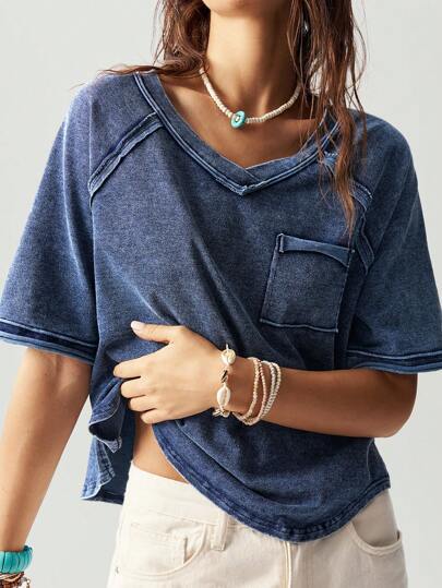 Dame afslappet oversized V-hals T-shirt med brystlomme Stilla