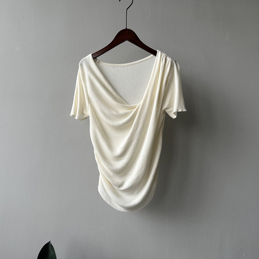 Dame elegant draperet T-shirt med dyb V-udskæring og korte ærmer Stilla