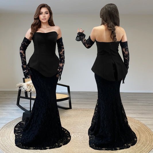 Dame Elegant Aftenkjole med Off-Shoulder Design og Spidsdetaljer Stilla