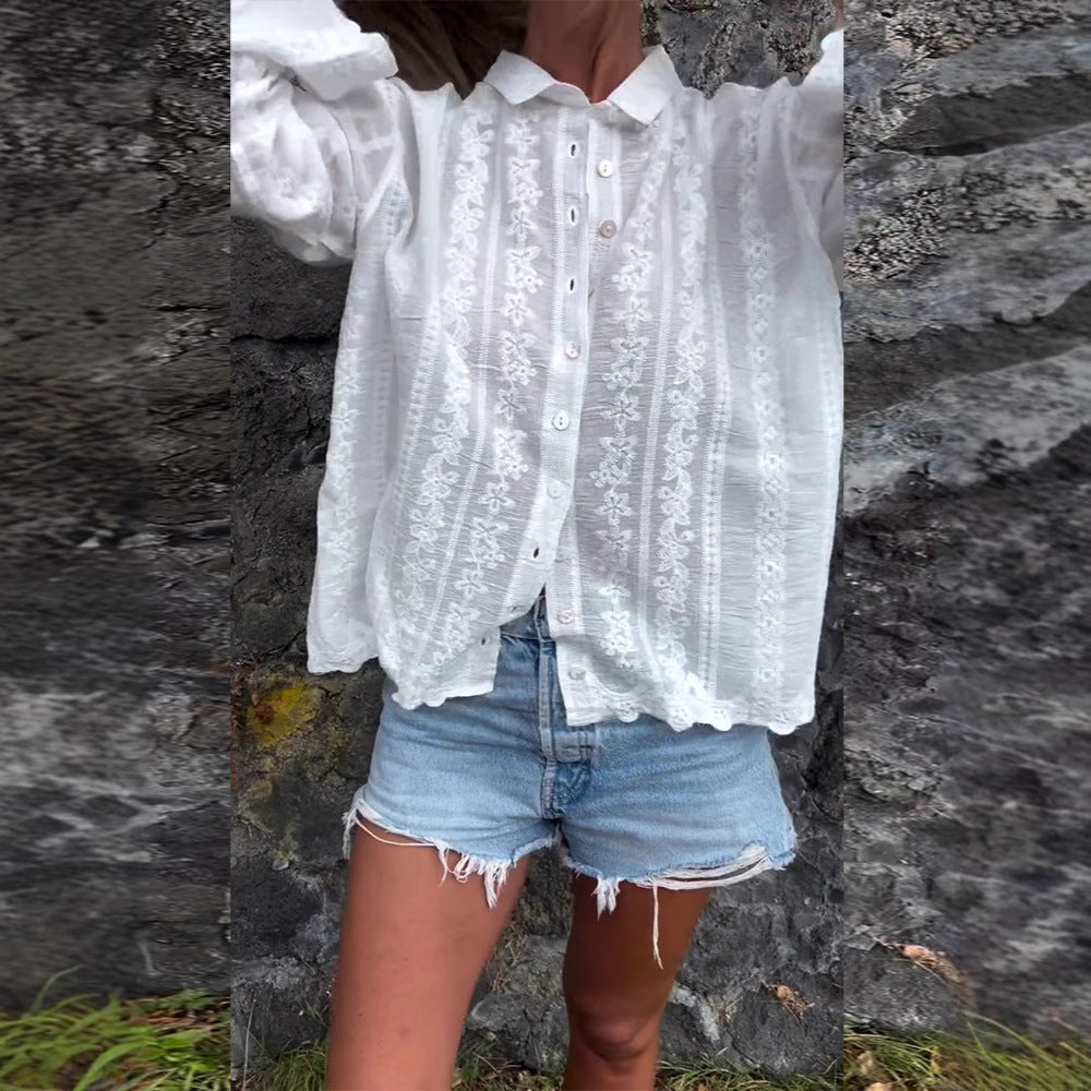 Dame elegant broderet bluse med knaplukning og lange ærmer Stilla