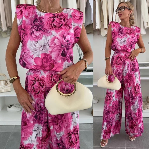 Dame jumpsuit med blomsterdesign og skulderpuder Stilla