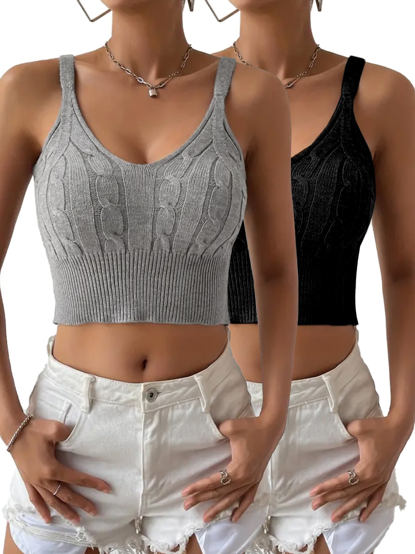 Dame cropped striktop med dyb V-hals og fletmønster Stilla