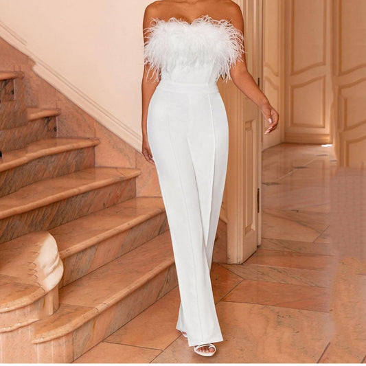 Dame Elegant Jumpsuit med fjerprydet overdel Stilla