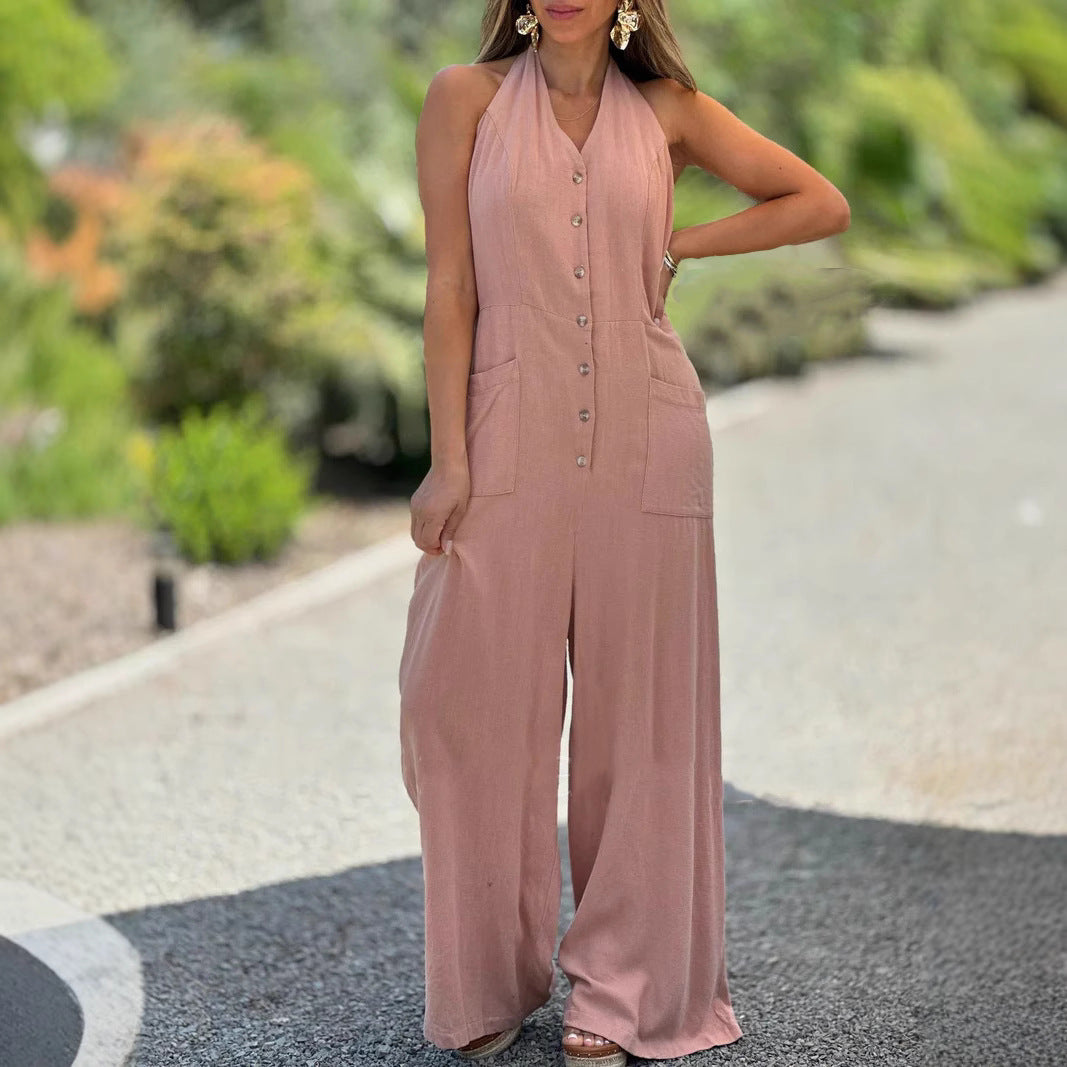 Dame jumpsuit med knapliste og vide ben Stilla