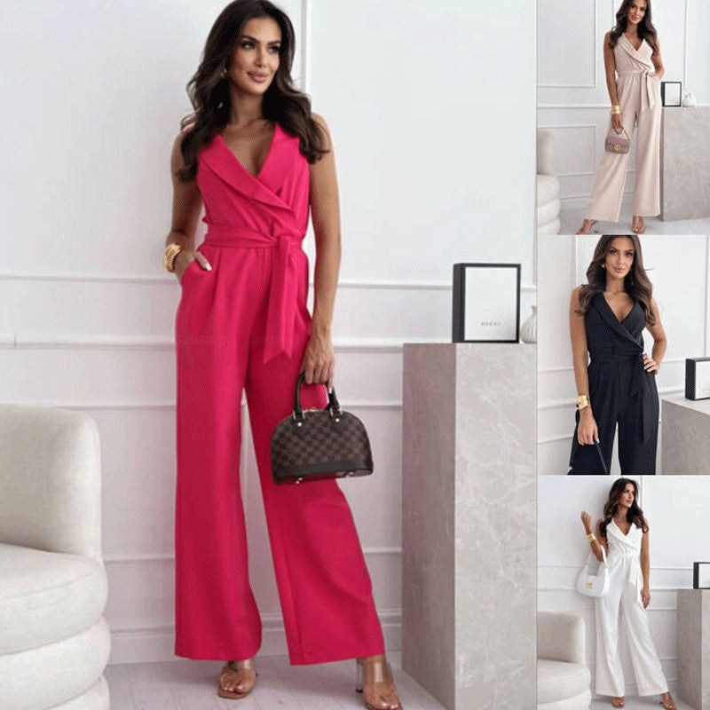 Dame Elegant Jumpsuit med Vendingsoverdel og Bredt Ben Stilla