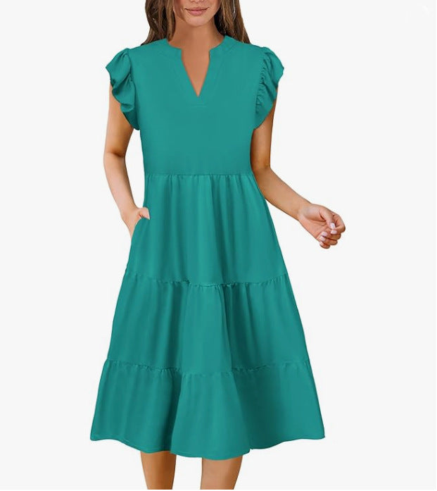 Dame afslappet sommerkjole med uldne ærmer og V-hals Stilla