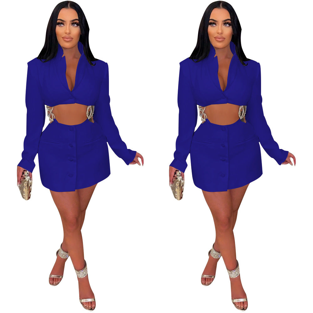 Dame Cropped Blazer-Jakke med figursyet Mini-Nederdel og taljeret Silhuet Stilla