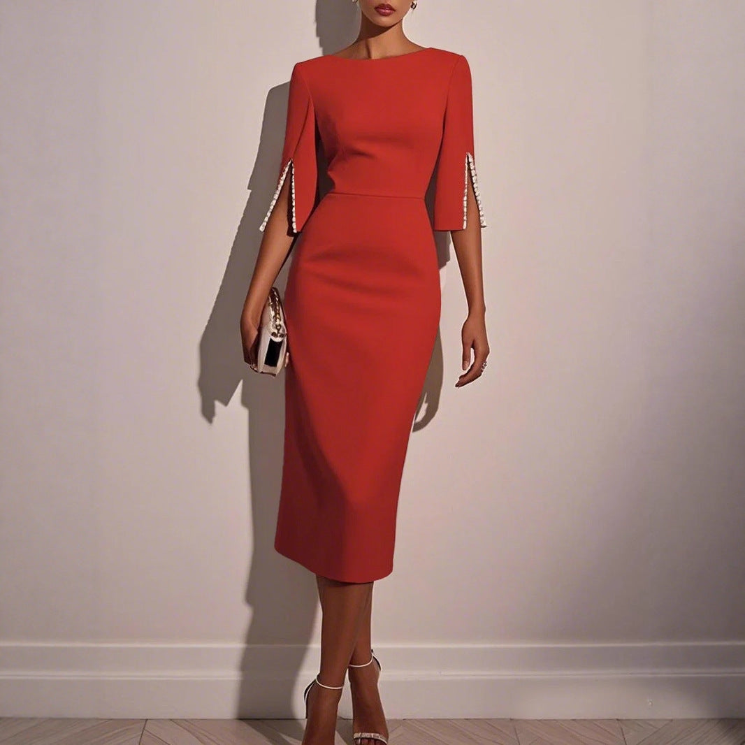 Dame elegant blyantskjole med perleprydede ærmer Stilla