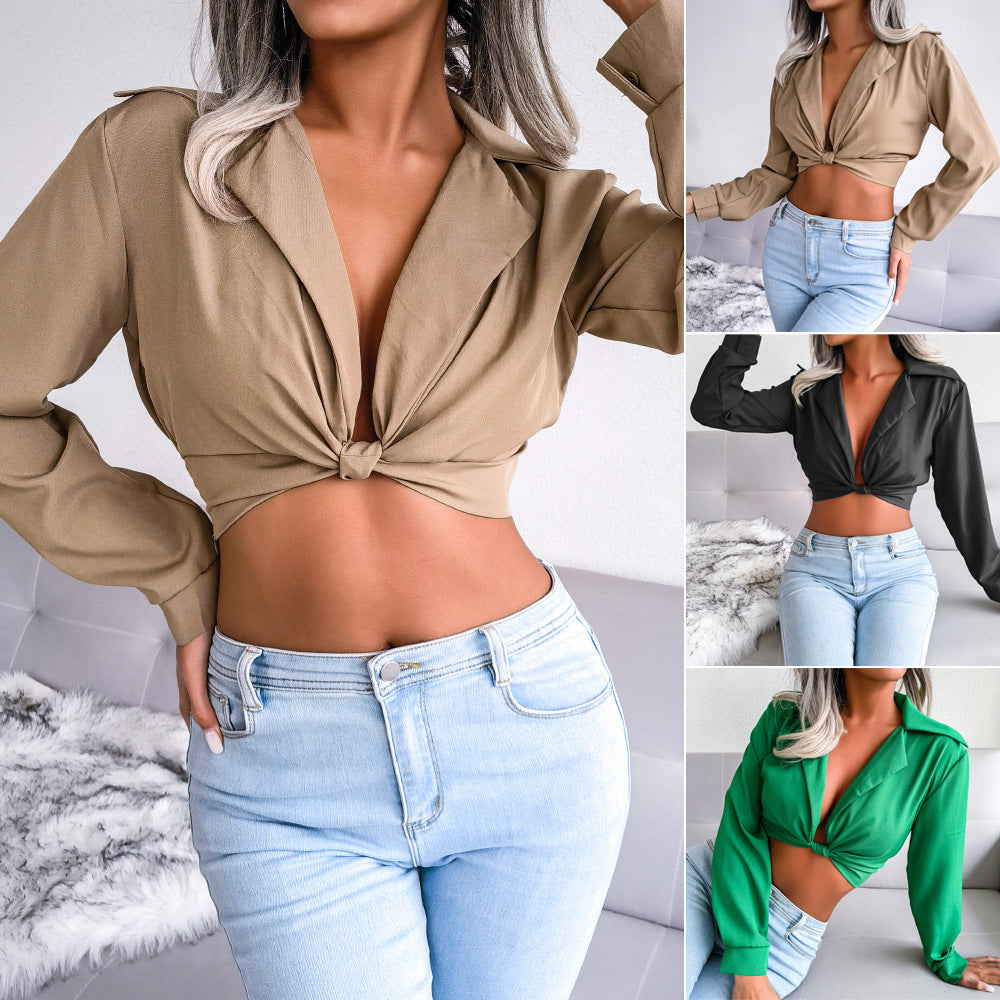 Dame Cropped Blazer med knude-detalje Stilla