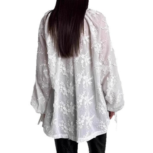 Dame Elegant Bluse med blomsterbroderi og rynker Stilla