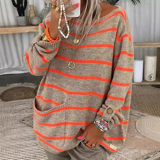Dame Oversized Strikketrøje med elegante striber og praktiske lommer Stilla