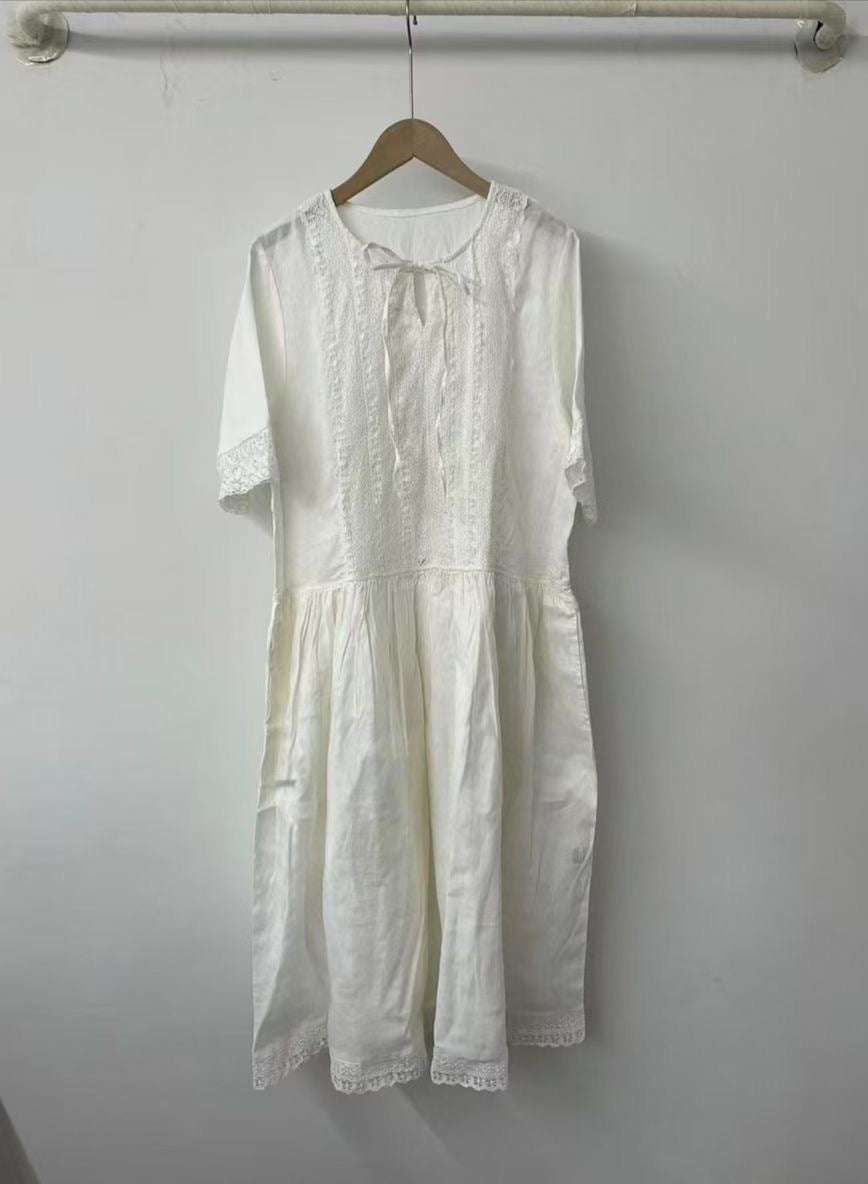 Dame Elegant Baumwolle Midi Kjole med Spids Detaljer Stilla