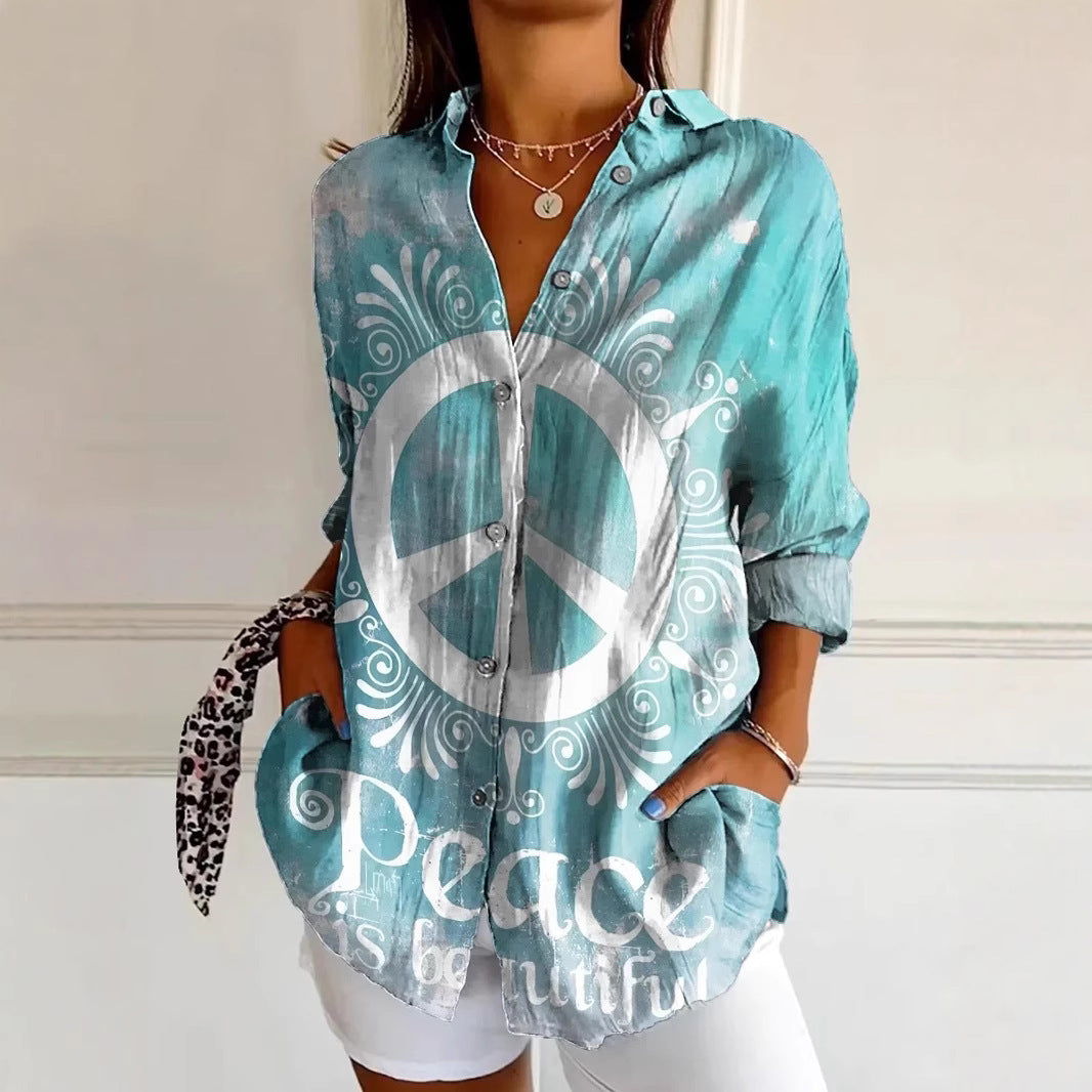 Dame afslappet bluse med farverigt freds-motiv og eksklusiv stof Stilla