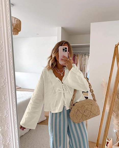 Dame afslappet linnedjakke med knudeåbning Stilla