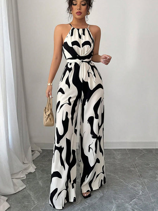 Damer elegant jumpsuit med bredt ben og smart mønster Stilla