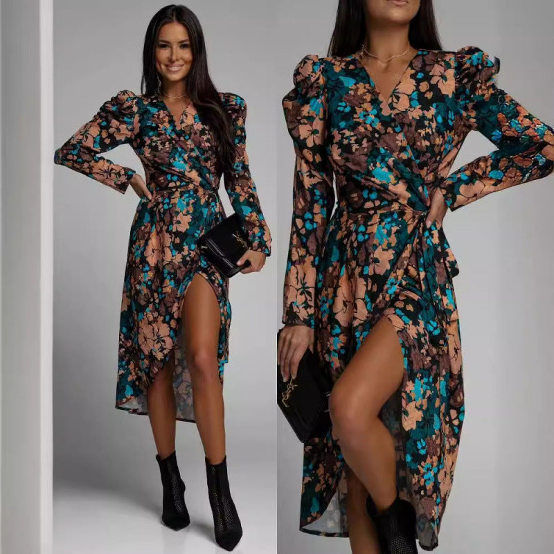Dame Elegant Blomstret Print Wrap Kjole med Sidelængde Stilla