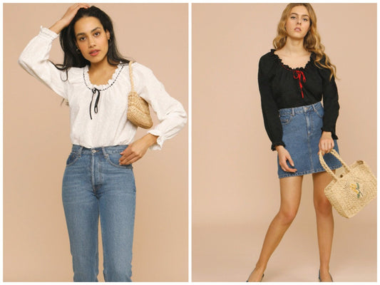 Dame elegant bluse med flæser og snøre detaljer Stilla