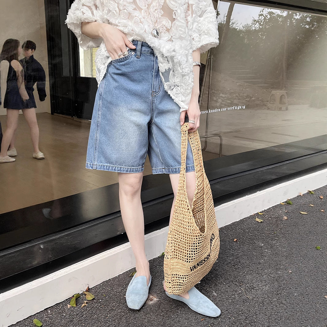 Dame afslappede denim shorts med højt liv og bred skæring Stilla