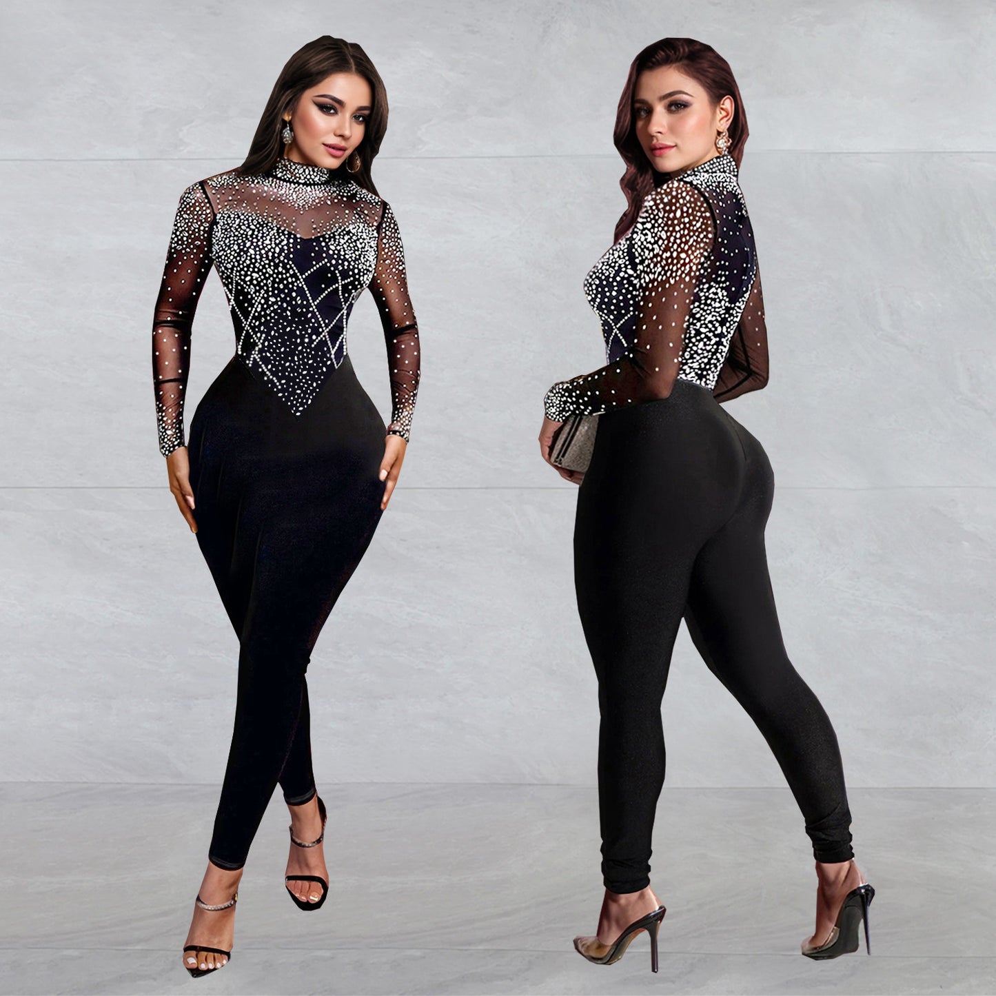 Dame Glamourøs Bodycon Jumpsuit med gennemsigtigt mesh og glitrende strass dekorationer Stilla