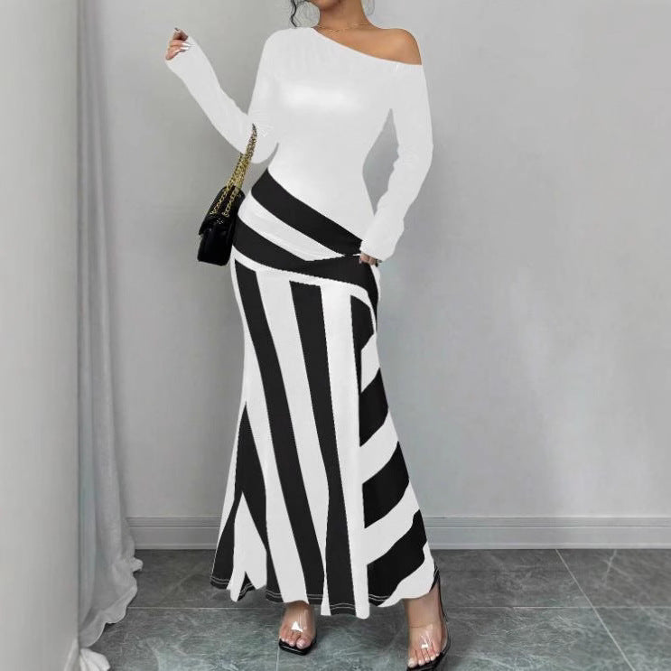 Dame elegant asymmetrisk maxikjole med stribemønster Stilla