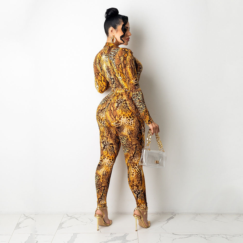 Dame Slangeprint Langærmet Bodysuit Jumpsuit Stilla