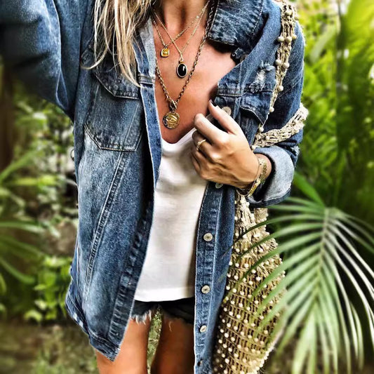 Dame Denim Overshirt med vintage-detaljer og distressed effekter Stilla