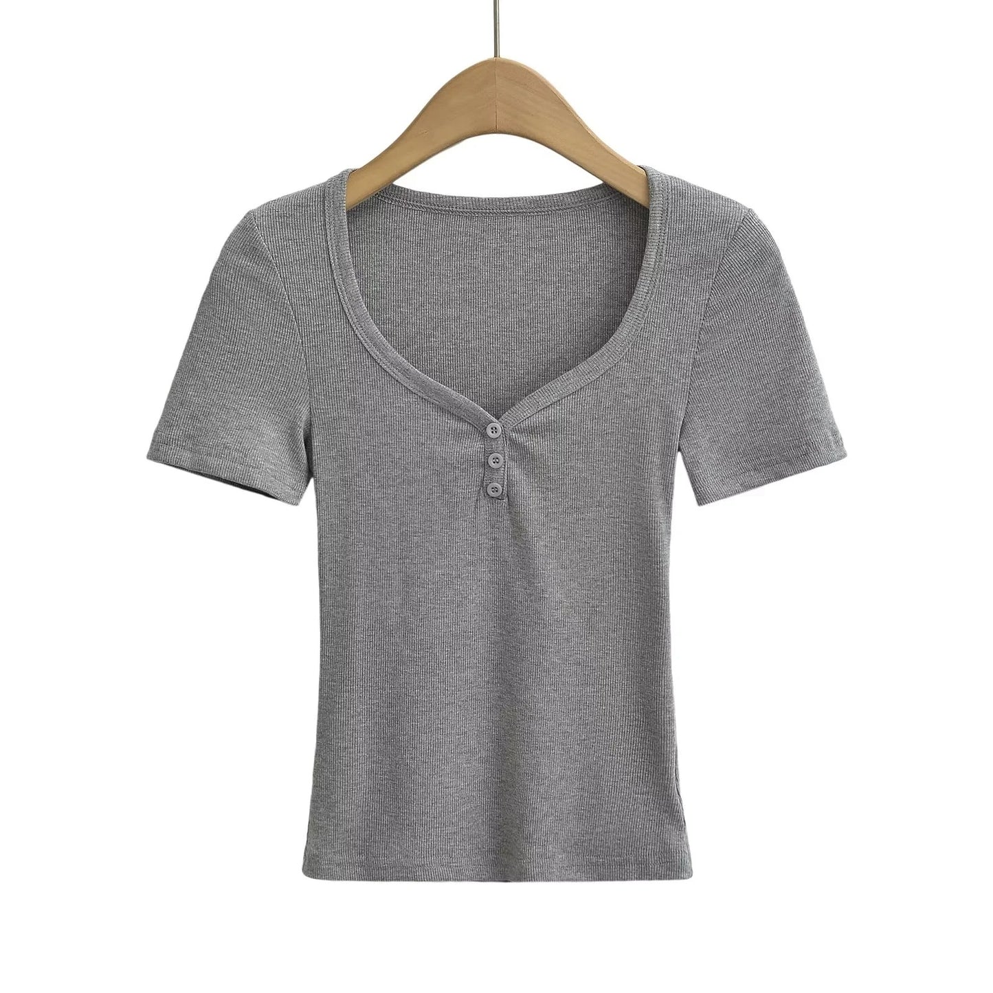 Dame elegant basis-overdel med dyb rund halsudskæring og knapdetaljer Stilla