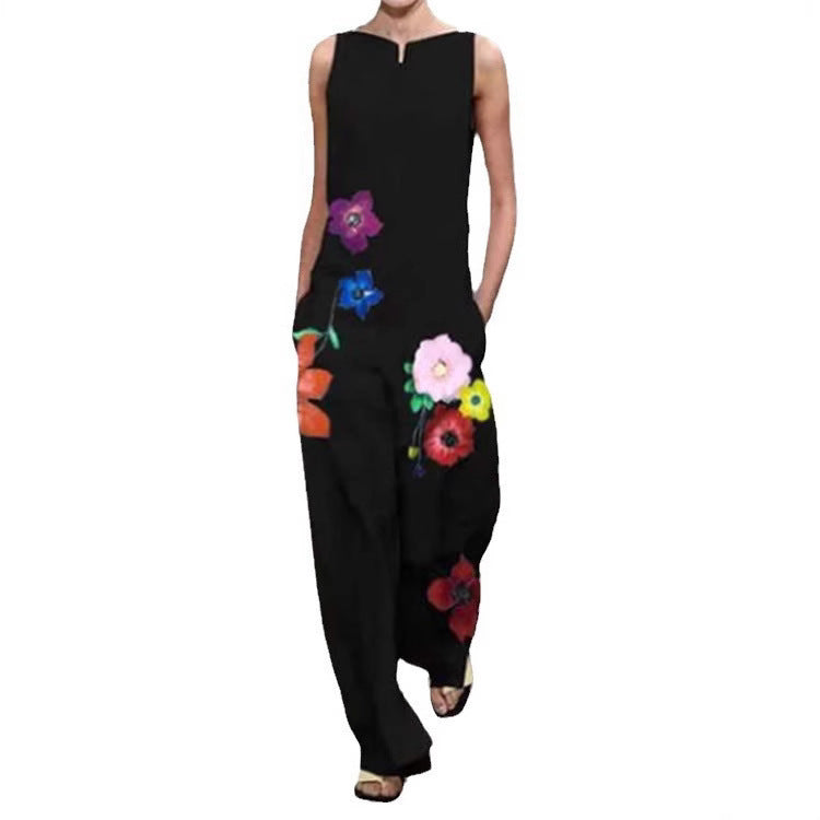Dame jumpsuit med farverige broderier og bredt ben Stilla
