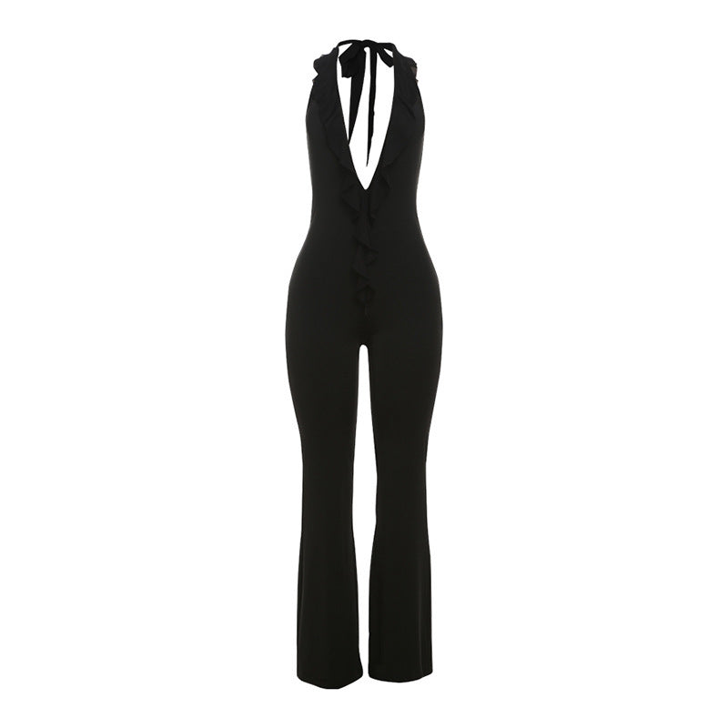 Dame Flydende Jumpsuit med Rynkedetaljer og dyb V-Udskæring Stilla