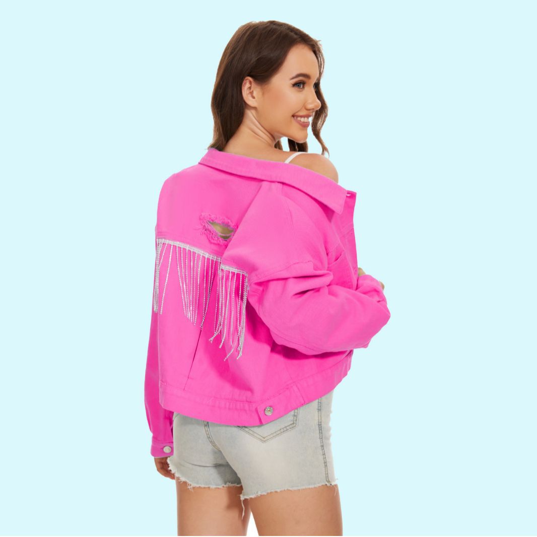 Dame denimjakke med iøjnefaldende frynsedesign og dekorative detaljer Stilla