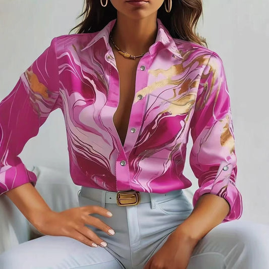 Dame elegant bluse med marmoriseret design og smart ståkrave Stilla