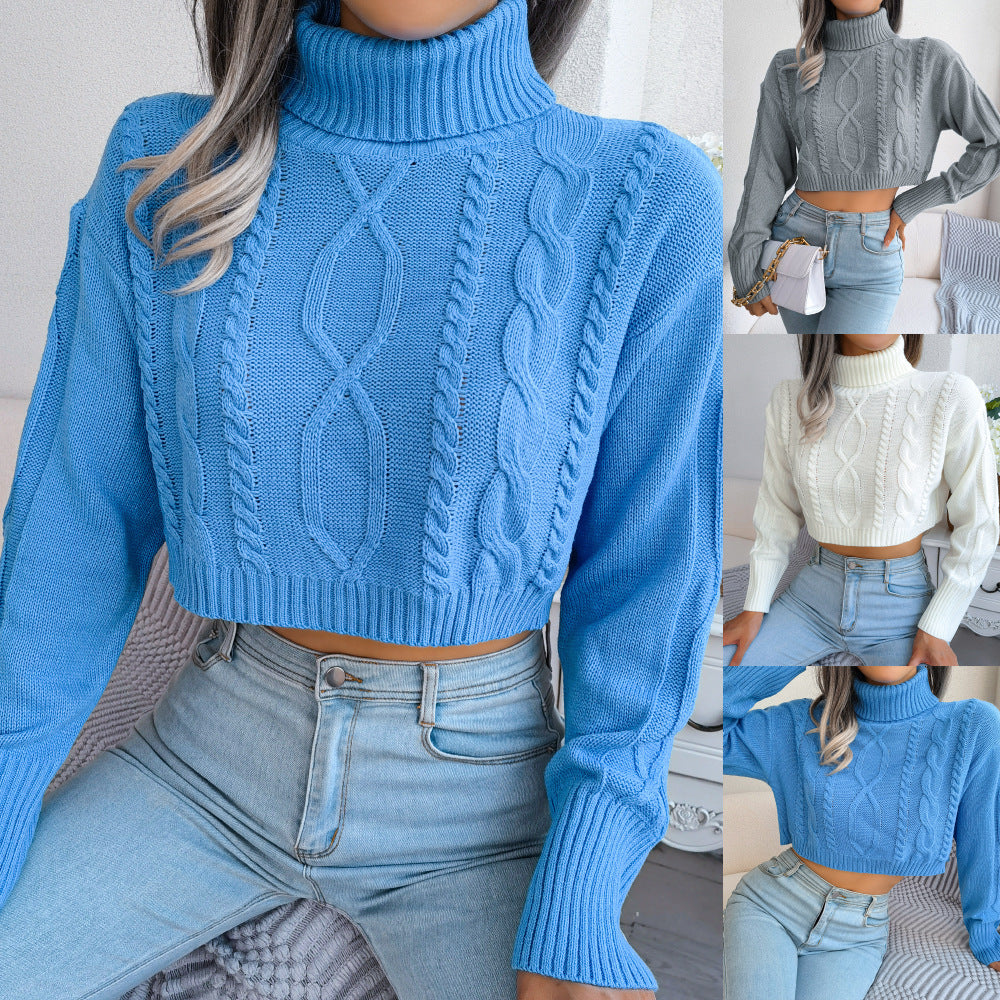 Dame Cropped Striktrøje med moderne rullekrave og fletmønster Stilla