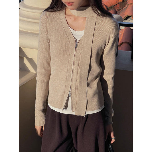 Dame afslappet cardigan med elegant sjalskrave og lynlås Stilla