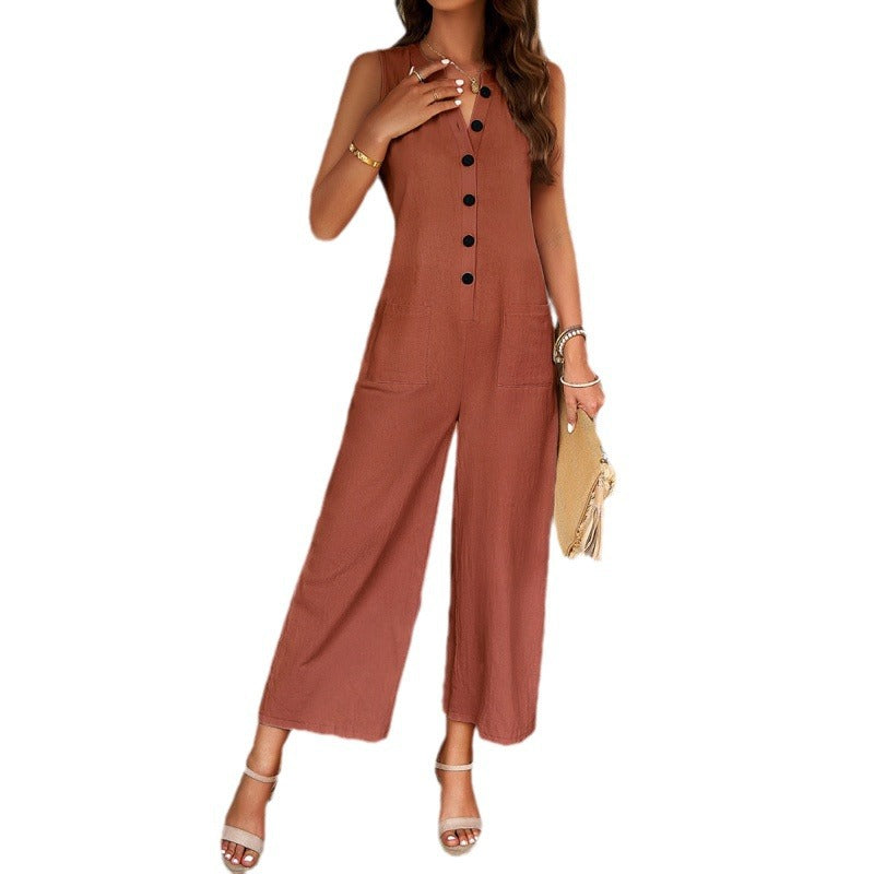 Damer Elegant Jumpsuit med knapdetaljer og bredskårede ben Stilla