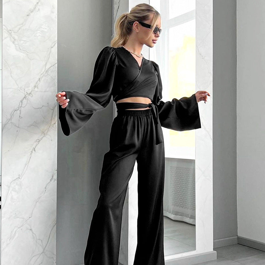 Dame elegant cropped-top med bred ærme og elastisk bund Stilla