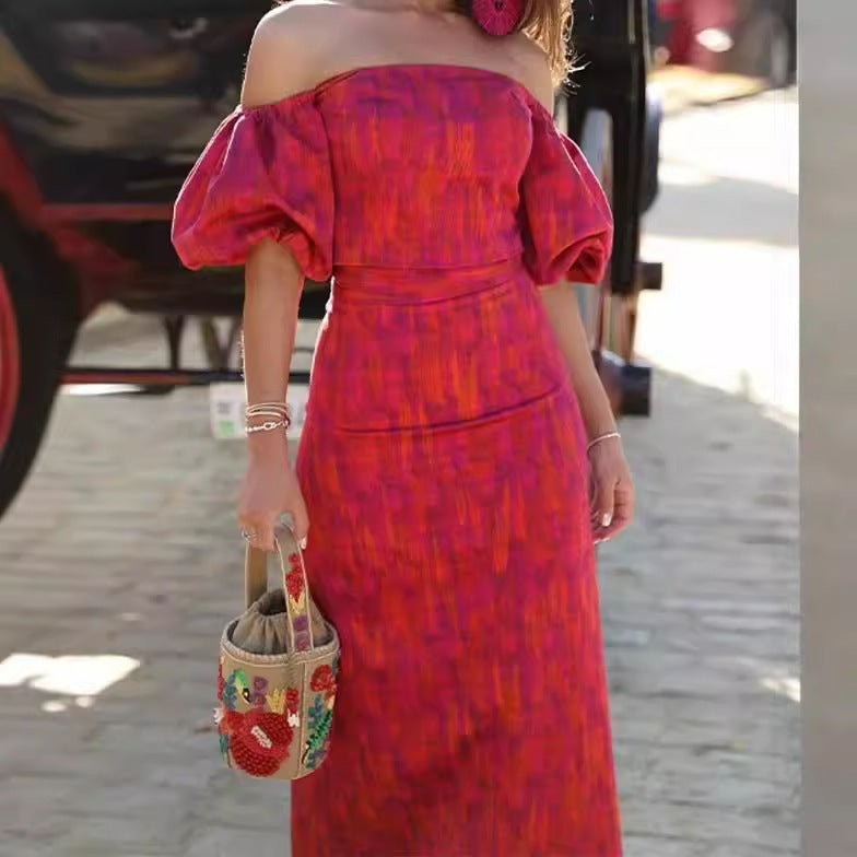 Dame Crop-Top og Maxiskørt Sæt med voluminøse ærmer og moderne mønster Stilla